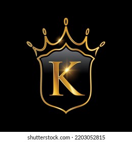 Initial K monogram alphabet with a crown and shield. Royal King queen luxury symbol vector illustration