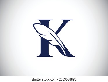 Initial K monogram alphabet with a feather. Font emblem. Law firm icon sign symbol. Modern vector Logo for a writer or publishers business and company identity
