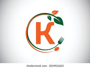 Initial K monogram alphabet with a fork, spoon, and leaf. Healthy, natural, food logo. Modern vector logo for cafe, restaurant, cooking business, and company identity