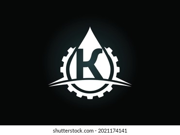 Initial K monogram alphabet with gear swoosh and oil. Oil and gas logo concept. Font emblem. Modern vector logo for petroleum business and company identity
