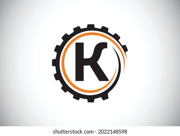 Initial K monogram alphabet in a gear spiral. Gear engineer logo design. Logo for automotive, mechanical, technology, setting, repair business, and company identity
