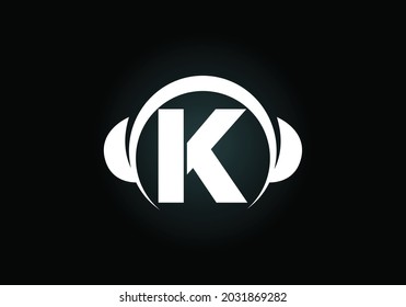 Initial K monogram alphabet with a headphone. Headphone Logo. Music sign symbol. Font emblem. Design element for poster, banner, t-shirt, notebook cover, sticker, greeting card, bag, badge.