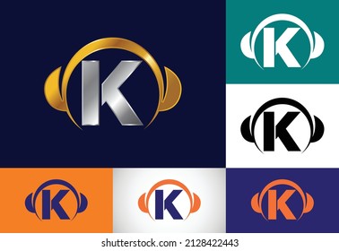 Initial K monogram alphabet with a headphone. Headphone Logo. Music sign symbol. Font emblem.