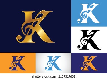 Alfabeto monograma K inicial con una nota musical. Signos de sinfonía o melodía. Símbolo musical.