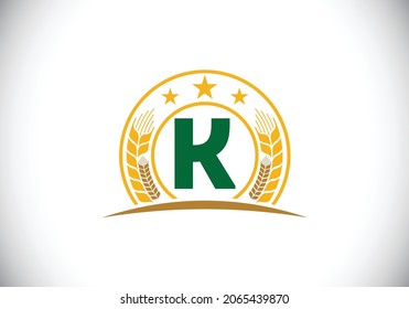 Initial K monogram alphabet symbol design incorporated with Wheat, barley, or rye. Agriculture logo concept. Font emblem. Logo for agriculture business and company identity