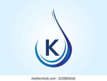 Initial K monogram alphabet with water drop in a spiral. Waterdrop logo design vector template. Font emblem. 