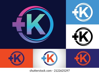 Initial K monogram in a circle with cross plus. Medical logo. Logo for pharmacy, clinic business.
