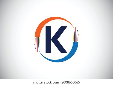 Initial K monogram letter alphabet with electric wire, optical fiber cable. Font emblem. Modern vector logo design for technology labels, electric business, and company identity