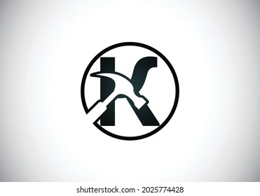 Initial K monogram letter alphabet with a Hammer. Repair, renovation, and construction logo. Modern vector logo for construction business, and company identity