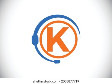 Initial K monogram letter alphabet and support service with headphones. Headphone logo. Hotline customer advice, call center help. Modern vector logo for business and company identity.