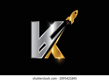 Initial K monogram letter alphabet with a Rocket logo design. Rocket icon. Font emblem.