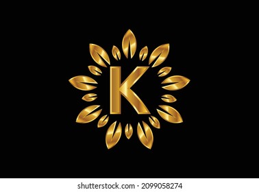 Initial K monogram letter alphabet with leaf wreath. Golden leaf, flower logo design concept. Modern vector logo design for business, and company identity.