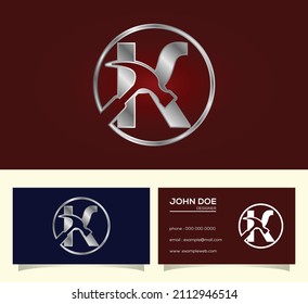 Initial K monogram letter alphabet with a Hammer. Repair, renovation, and construction logo.