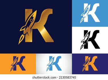 Alfabeto inicial K monograma con diseño de logotipo Rocket. Icono de cohete. emblema de letra. Logo vectorial moderno para identidad empresarial y de empresa.