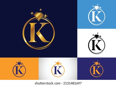 Alfabeto monocálmico K inicial en un círculo con Diamante. Logo del Anillo de Diamantes. Concepto de diseño de logotipo de joyería. Logo vectorial moderno para identidad empresarial y de empresa.