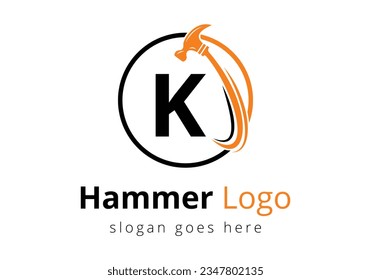 Initial K monogram letter alphabet with a Hammer Logo Concept For Construction, Woodworking Company Repair Symbol Vector Template.  Modern vector logo for construction business, and company identity