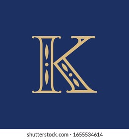 Initial K with pillar for Logo design template. Gold Color isolated in navy blue color
