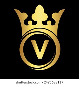 Initial king crown Logo combine with letter V vector template
