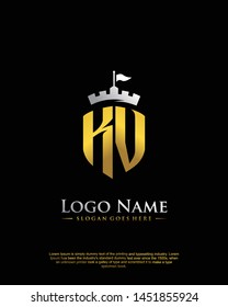 initial KV letter with shield style logo template vector