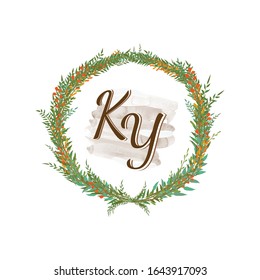 Initial KY Letter Uppercase Characters inside Wreath Floral Logo Design