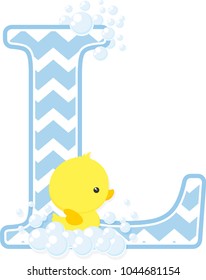initial l with bubbles and little baby rubber duck isolated on white background. can be used for baby boy birth announcements, nursery decoration, party theme or birthday invitation