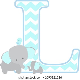 initial l with cute elephant and little baby elephant isolated on white. can be used for father's day card, baby boy birth announcements, nursery decoration, party theme or birthday invitation