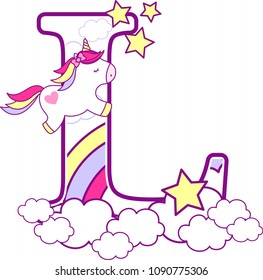 initial l with cute unicorn and rainbow. can be used for baby birth announcements, nursery decoration, party theme or birthday invitation. Design for baby and children
