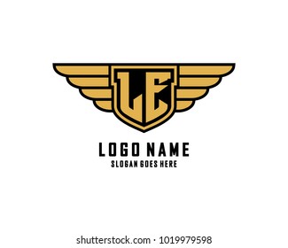 Initial L & E wing shield logo template vector