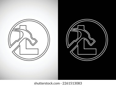 Initial L letter alphabet with a Hammer. Repair, renovation, and construction logo. Line art style logo