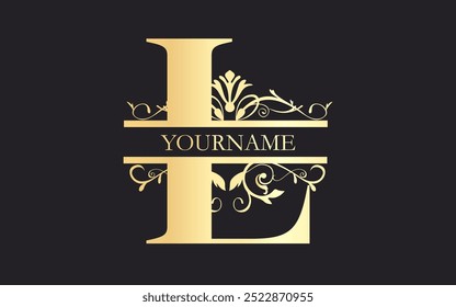 Initial L letter floral Split Letter Monogram,luxury Wedding invitation Monogram Design,gold color on black background