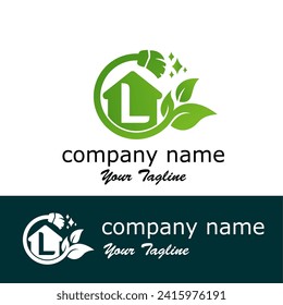 Initial L Letter with leaves and broom for  home maintenance, home care, or cleaning service modern logo idea