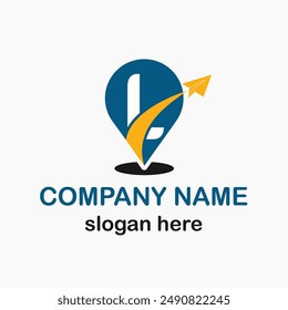 Initial Letter mit Positionssymbol und Papierflugzeug für Reisebüro Business Logo Idee