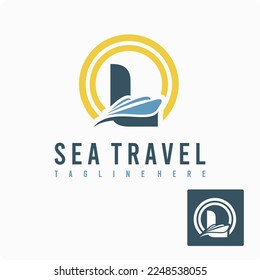 Initial L Letter with Ship Marine, Wave and Sun Icon for Travel Holiday Agency Business Logo Idea Template