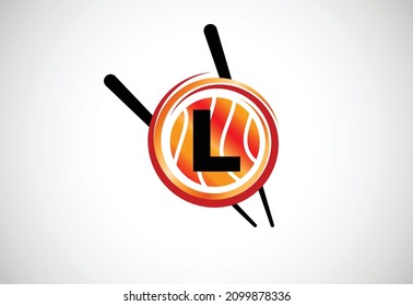 Initial L monogram alphabet in the abstract circle with Chopstick. Abstract Asian sushi bar emblem. Logo for Japanese sushi seafood business and company identity