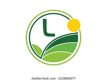 Alfabeto monograma L inicial con agricultura. plantilla vectorial de diseño de logotipo agrícola. emblema de letra. Logo vectorial moderno para empresas.
