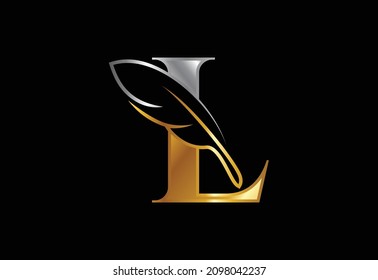 Initial L monogram alphabet with a feather. Font emblem. Law firm icon sign symbol. Modern vector Logo for a writer or publishers business and company identity