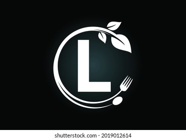 Initial L monogram alphabet with a fork, spoon, and leaf. Healthy, natural, food logo. Modern vector logo for cafe, restaurant, cooking business, and company identity