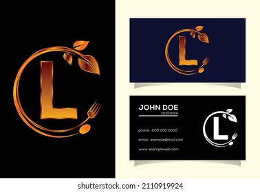 Initial L monogram alphabet with a fork, spoon, and leaf. Healthy natural food logo. Logo for cafe