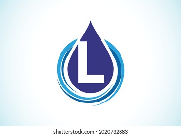 Ursprüngliches L-Monogramm-Alphabet mit Wassertropfen in einer Spirale. Waterdrop Logo Design Vektorvorlage. Schriftemblem. Modernes Vektorlogo für Unternehmens- und Firmenidentität
