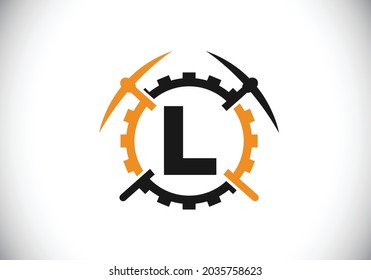Initial L monogram letter alphabet with pickaxe and gear sign. Mining logo design concept. Modern vector logo for mining business and company identity.