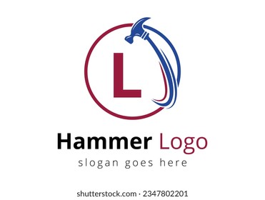 Initial L monogram letter alphabet with a Hammer Logo Concept For Construction, Woodworking Company Repair Symbol Vector Template.  Modern vector logo for construction business, and company identity