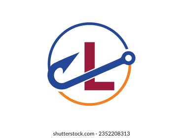 Initial L monogram letter alphabet with fishing Hook. Fishing logo concept vector illustration