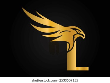 Letra inicial L monograma alfabeto con símbolo de cabeza de águila. Letra con el logotipo del águila Plantilla de Vector del diseño