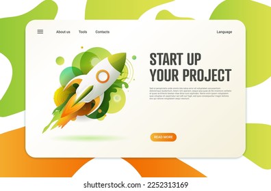 Startseite der Landung. Erfolgreicher Projektstart, isometrische Rakete. Kreatives Geschäft, individuelles Vektordesign.