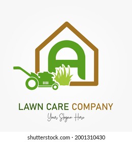 Initial A Latter with Mower Machine for Lawn Care Service Company Logo. Landscaping Lawnmower Home Maintenance  Business Branding