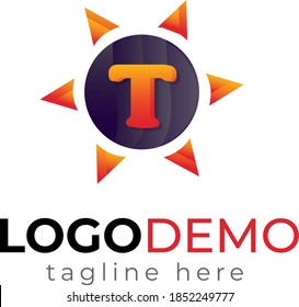 Initial Latter T and Sun Logo Design Vektorgrafik Vorlage.Sun Logo Symbol Vektorgrafik. Design-Vorlage für Sun-Logo. Einfache Logosonne im trendigen Design. Design-Vorlage für Stromenergie 