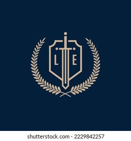 Initial LE elegant sword and shield icon vector template