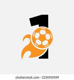 Initial Letter 1 Football Logo Concept With Moving Football Icon and Fire symbol. Soccer Logotype Vector Template