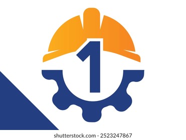 Initial Letter 1 with Gear and Helmet. Gear engineer logo design vector
