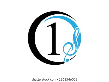 Initialbuchstabe 1 mit einem Notenlogo. Symbol für musikalisches Zeichen. Schriftemblem. Moderne Design-Vorlage für Vektorgrafiken